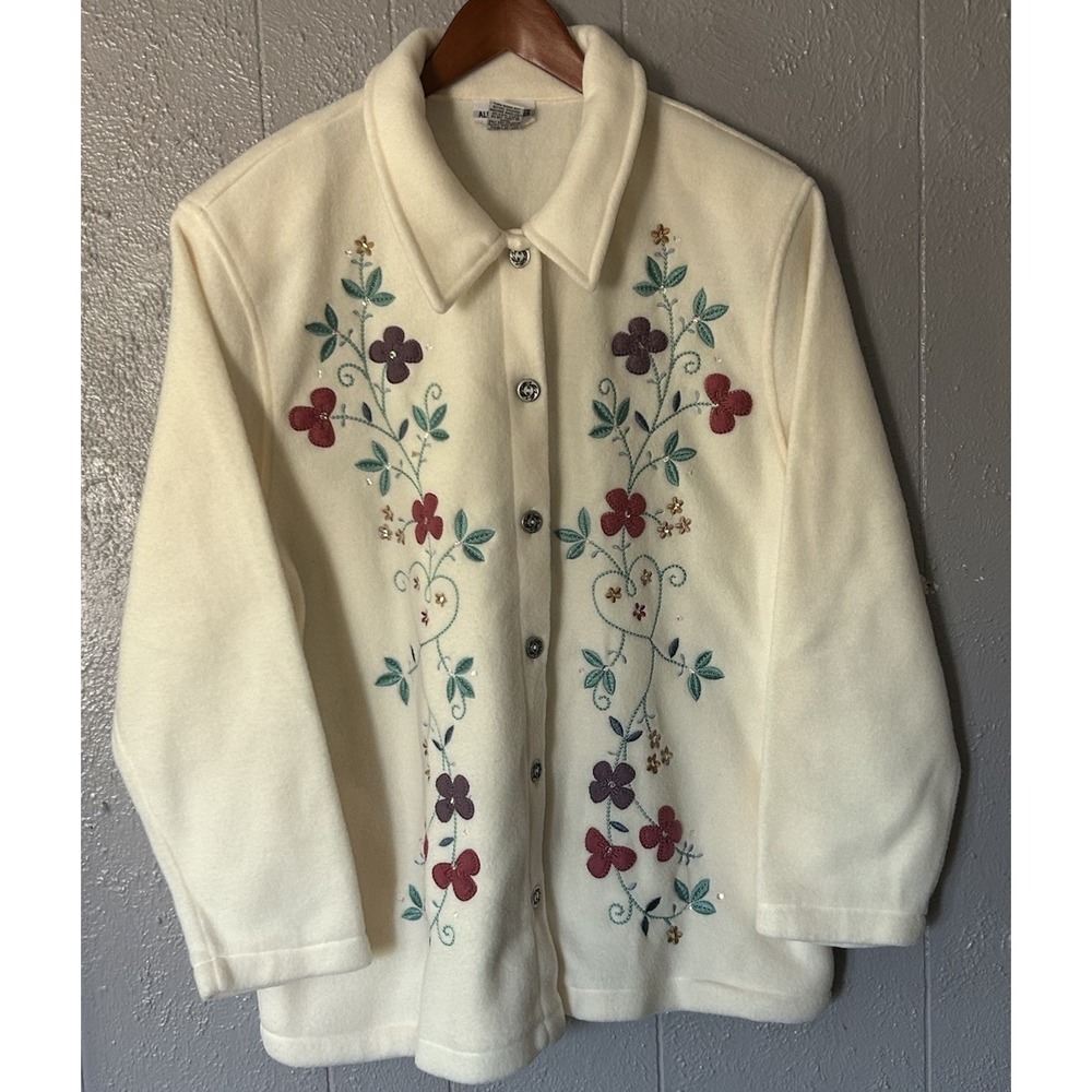 Alfred Dunner Floral Sequin Button Down Cardigan Jacket Embroidered Size L